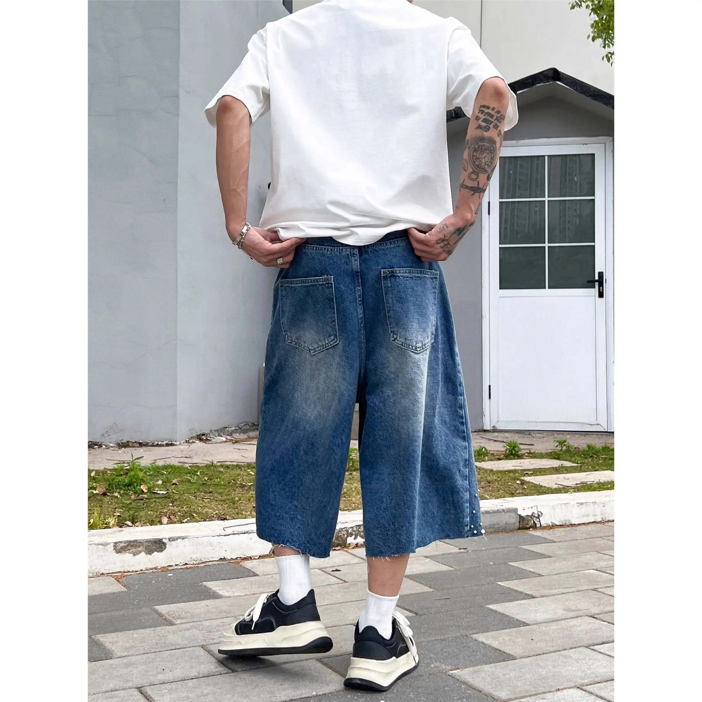 Men's Fashion Decoration Denim Shorts Vintage Wide Leg Cropped Pants Summer Boy Casual Bottom Male High Waist Half Trousers