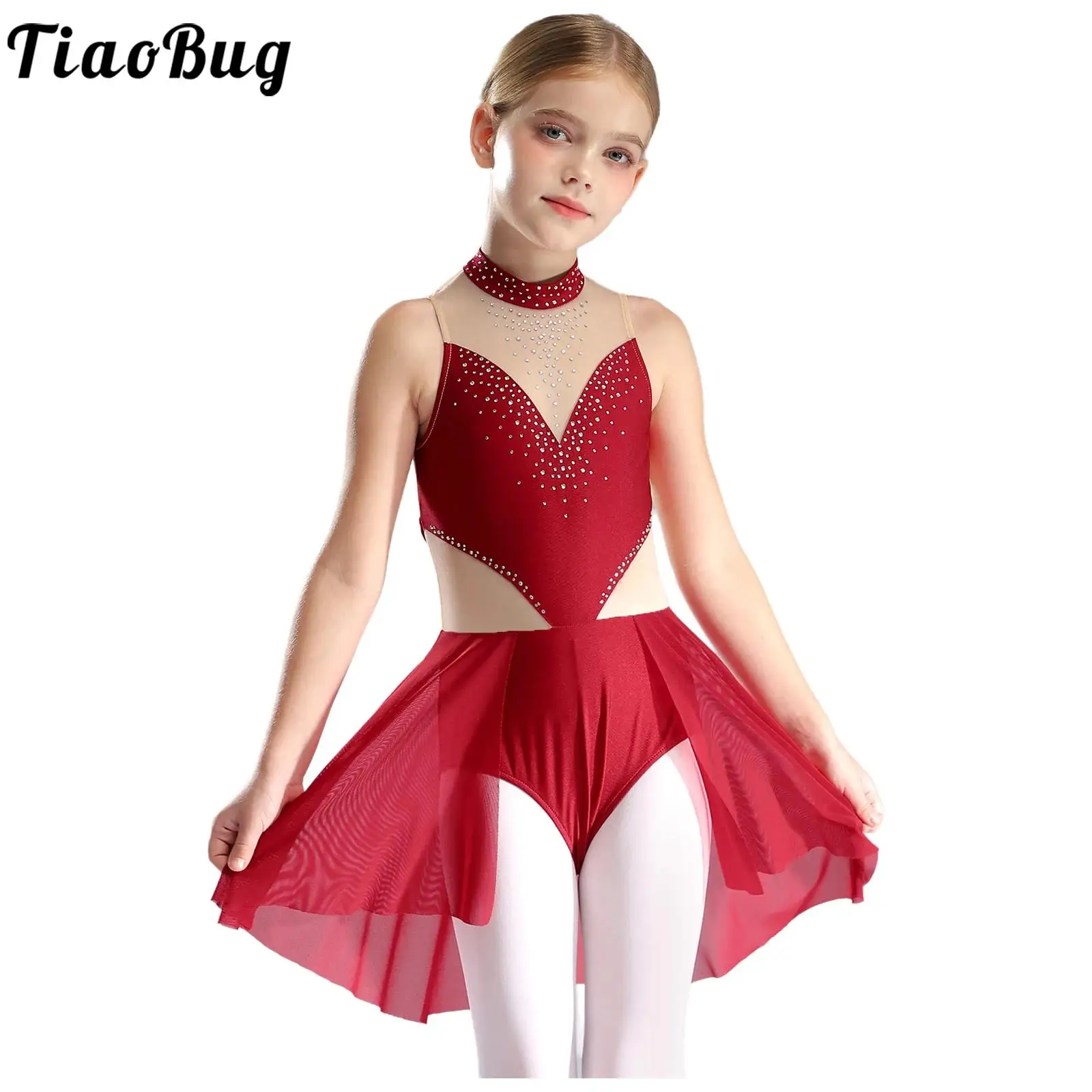 Rhinestone Ballet Lyrical Dress for Kids Girls Gymnatics Figure Skating Costume Mesh Split Ballerina Tutu Dress Stage Dancewear