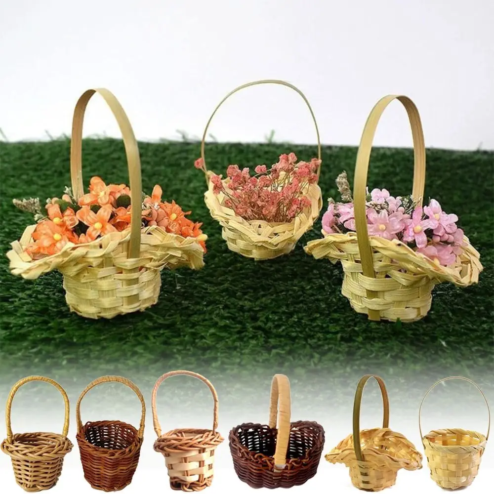 Hand-Woven Mini Braid Flower Baskets with Handle Flower Arrangement Basket Handheld Baskets Wedding Ornaments Home Office Decor