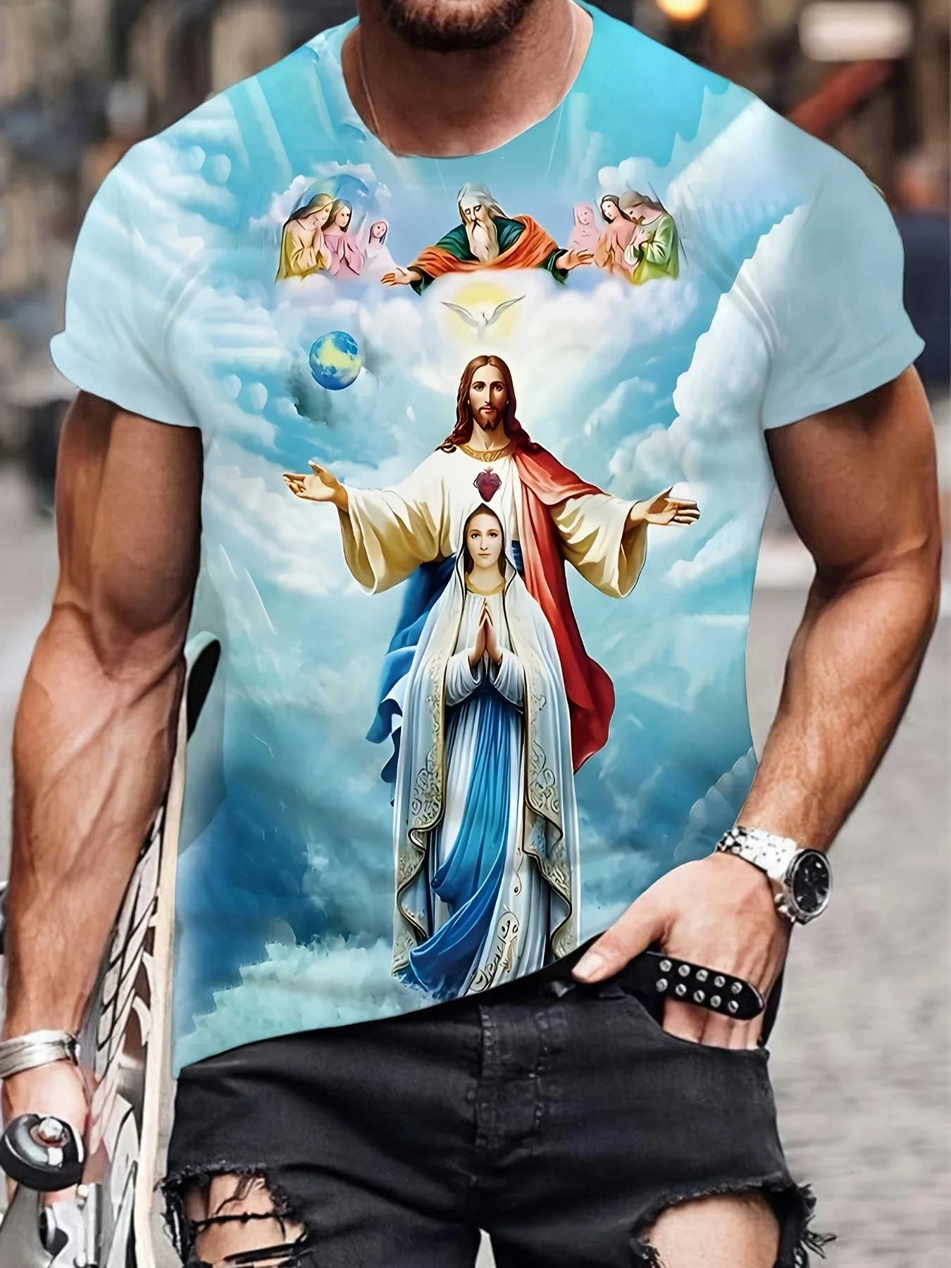 

Летняя мужская футболка с графическим 3D принтом «Иисус и ангелы», модная повседневная футболка большого размера в стиле хип-хоп, уличные топы с короткими рукавами в стиле Харадзюку