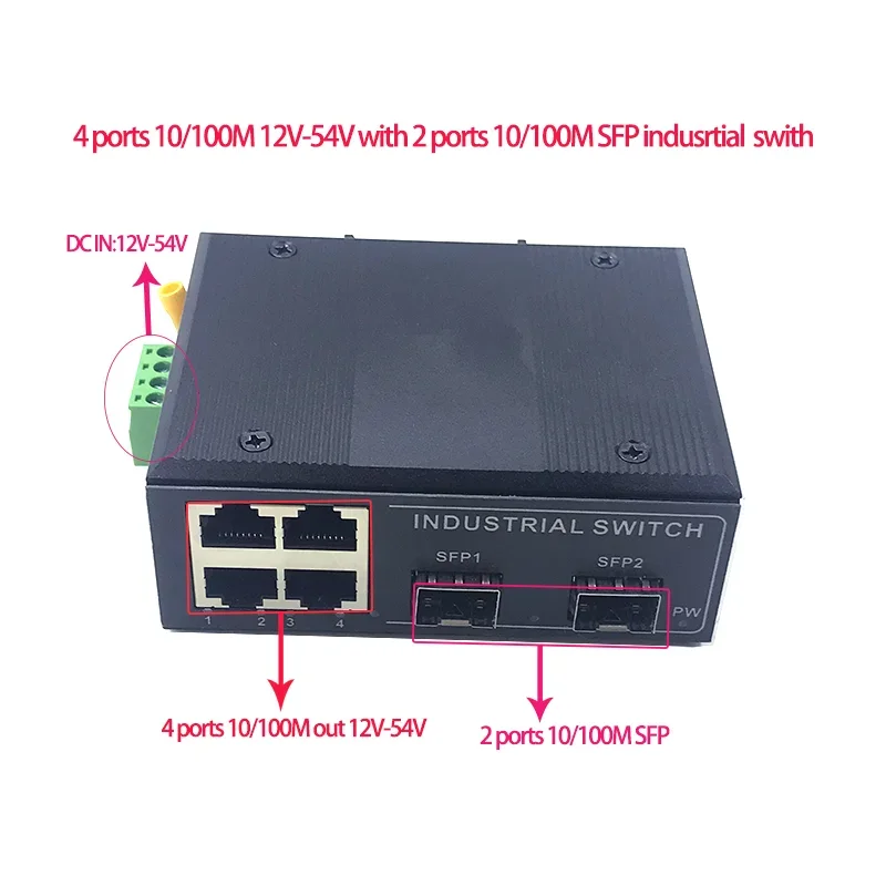 4 ports 10/100M 12V-54V with 2 ports10/100M SFP Ethernet industrial swith