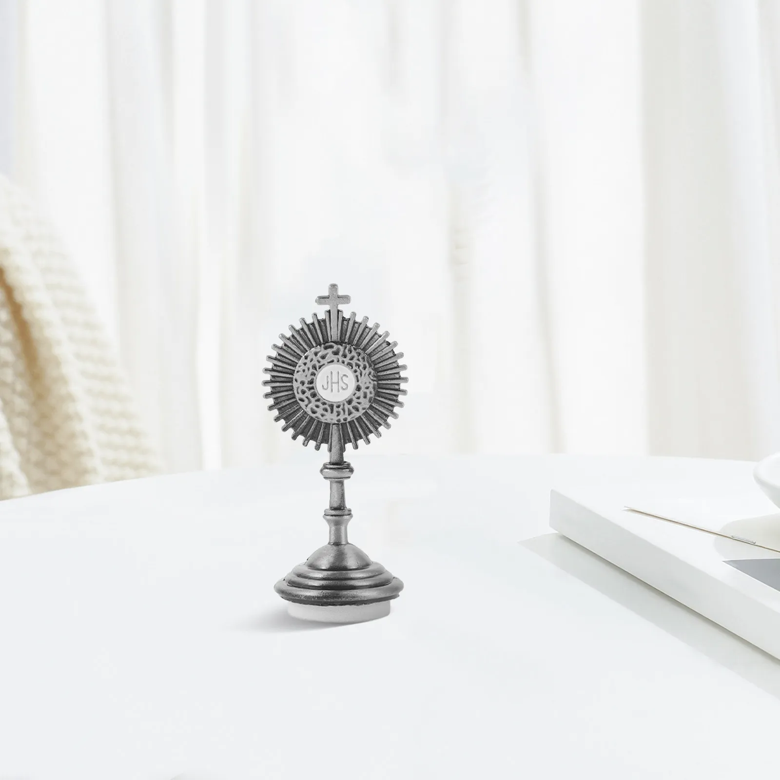 Standing Crucifix Metal Cross Statue Desktop Decor Vintage Finish Elegant Religious Home Office Living Room Shelf Table