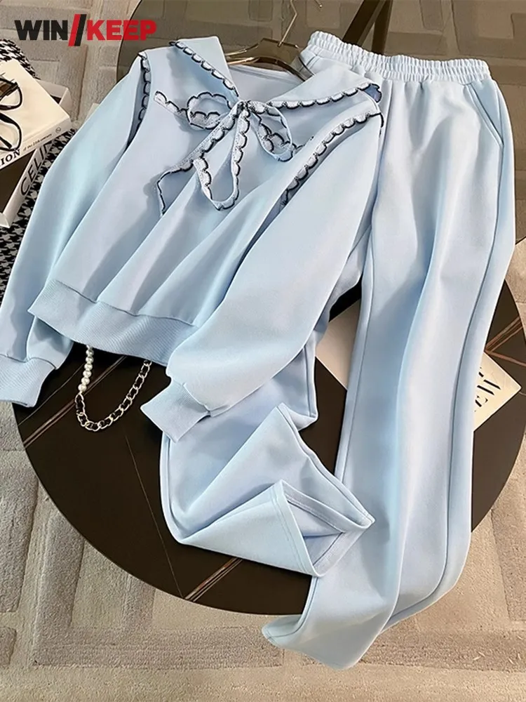 New Women Spring Bowknot Pullover Slim Fit Sweatpants Two Piece Running Set Outdoor Sports Tracksuit Gym Fitness Training Sets