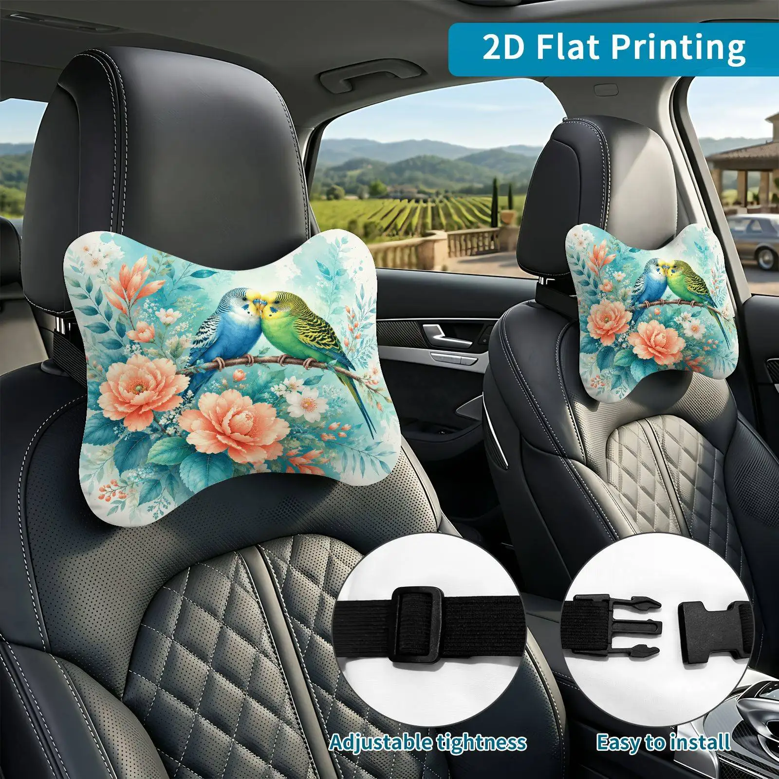 2pcs Parrot Floral Watercolor Car Seat Headrest, Neck Support Cushion, Suitable For All Seasons Of Car Accessories, Bird Floral