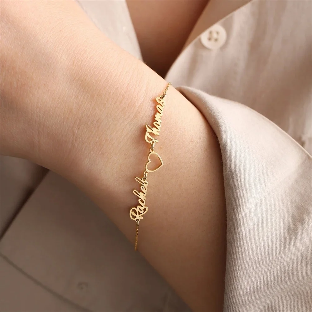 Custom Two Name with Heart Bracelets for Women Gold Color Stainless Steel Wrist Chain Femme Personalize bracelet Jewelry Gifts