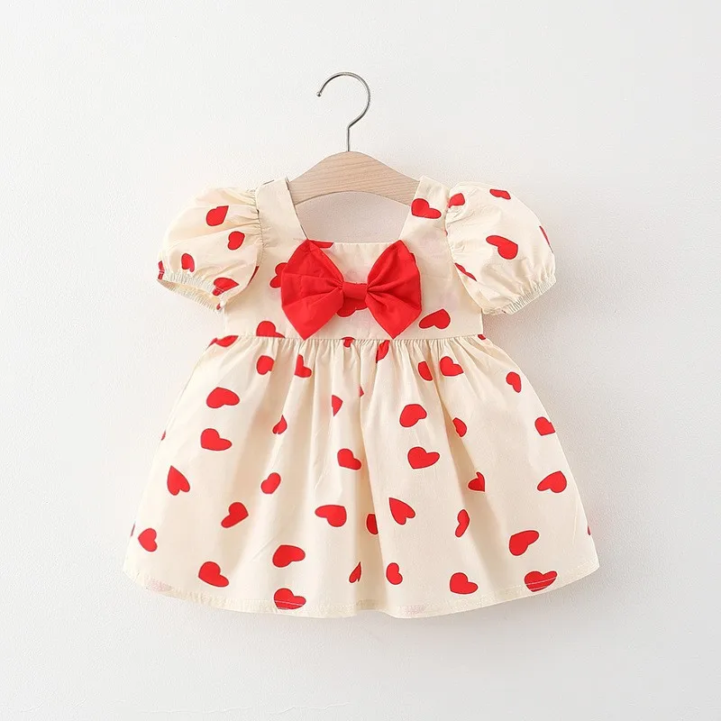 Heart-shaped Summer Baby Girl's Dress Plaid Cotton Dot Bow Daily Knee Length Short Sleeve Square Neck Dress