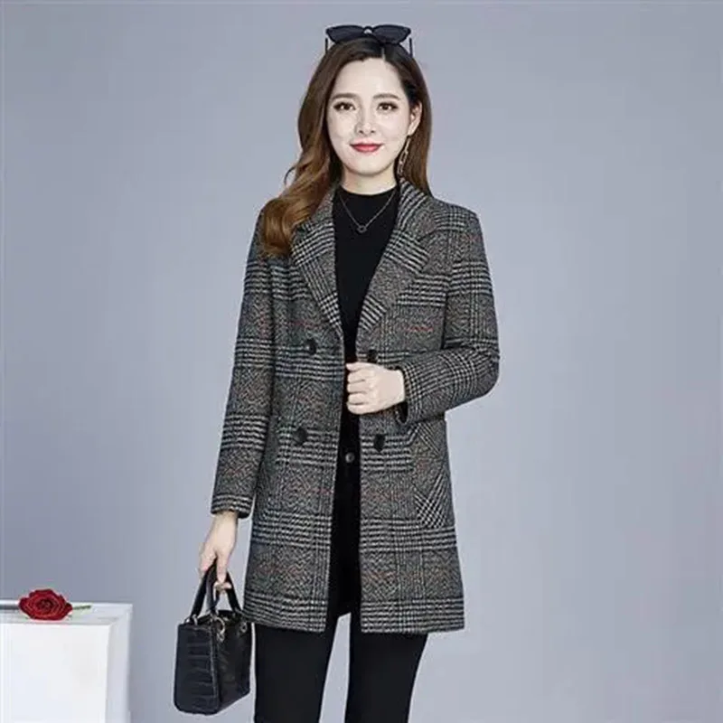 

Autumn Winter Plaid Woolen Jacket Women's 2025New Fashion Mid Long Slim Coats Female Double-Breasted Basic Ladies Outerwear Tops