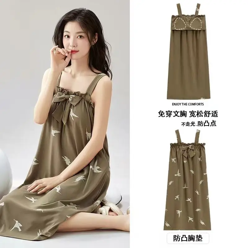 

2026 Summer Sexy Lingerie Spaghetti Strap Print Nightgowns for Women Cute Bow Sleepwear Homewear Nightdress Night Dress Nighty