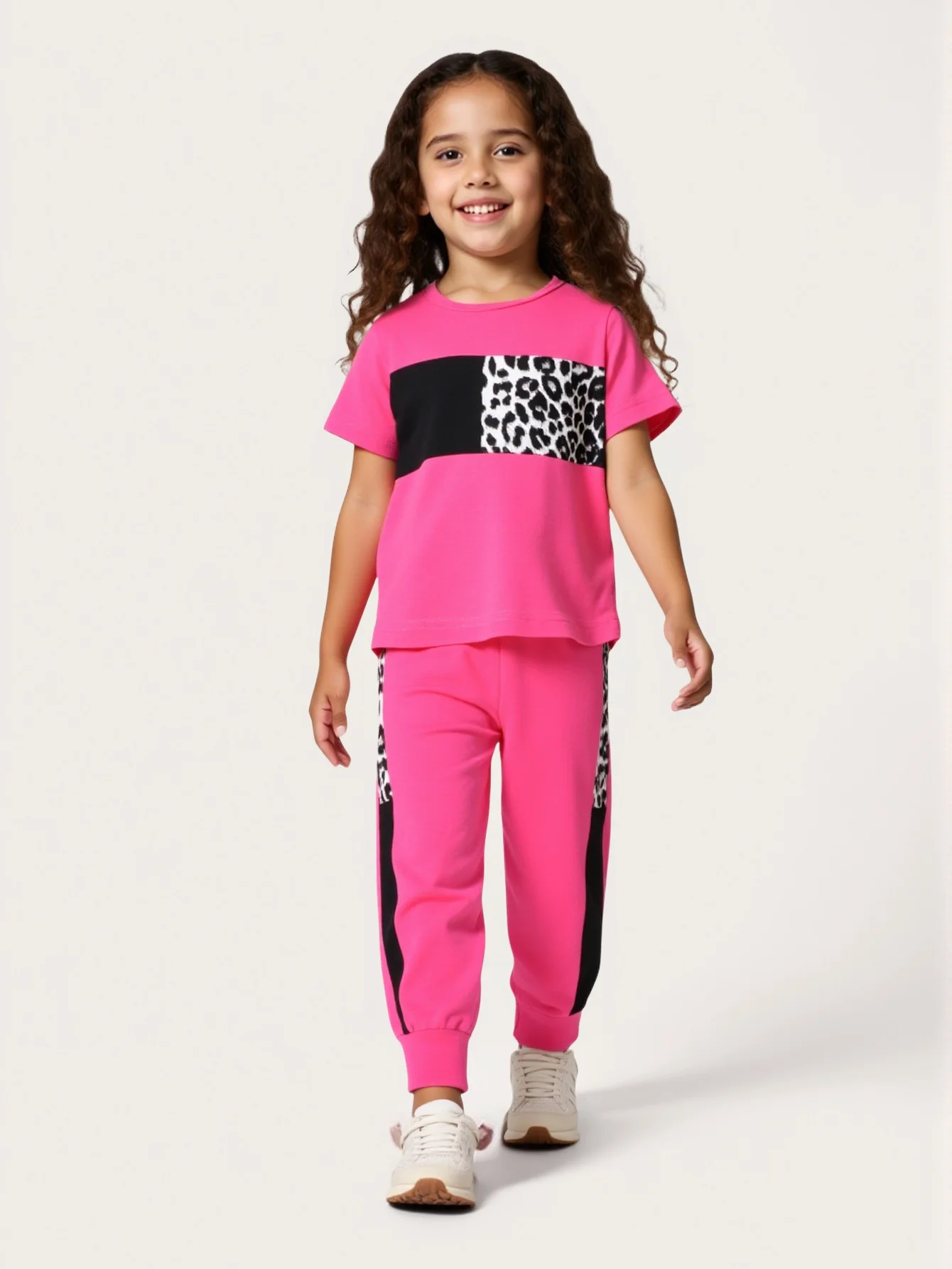 طقم بلوفر مكون من قطعتين من طباعة الفهد الملون للفتيات، تي شيرت وسروال برقبة دائرية وأكمام قصيرة للصيف #4