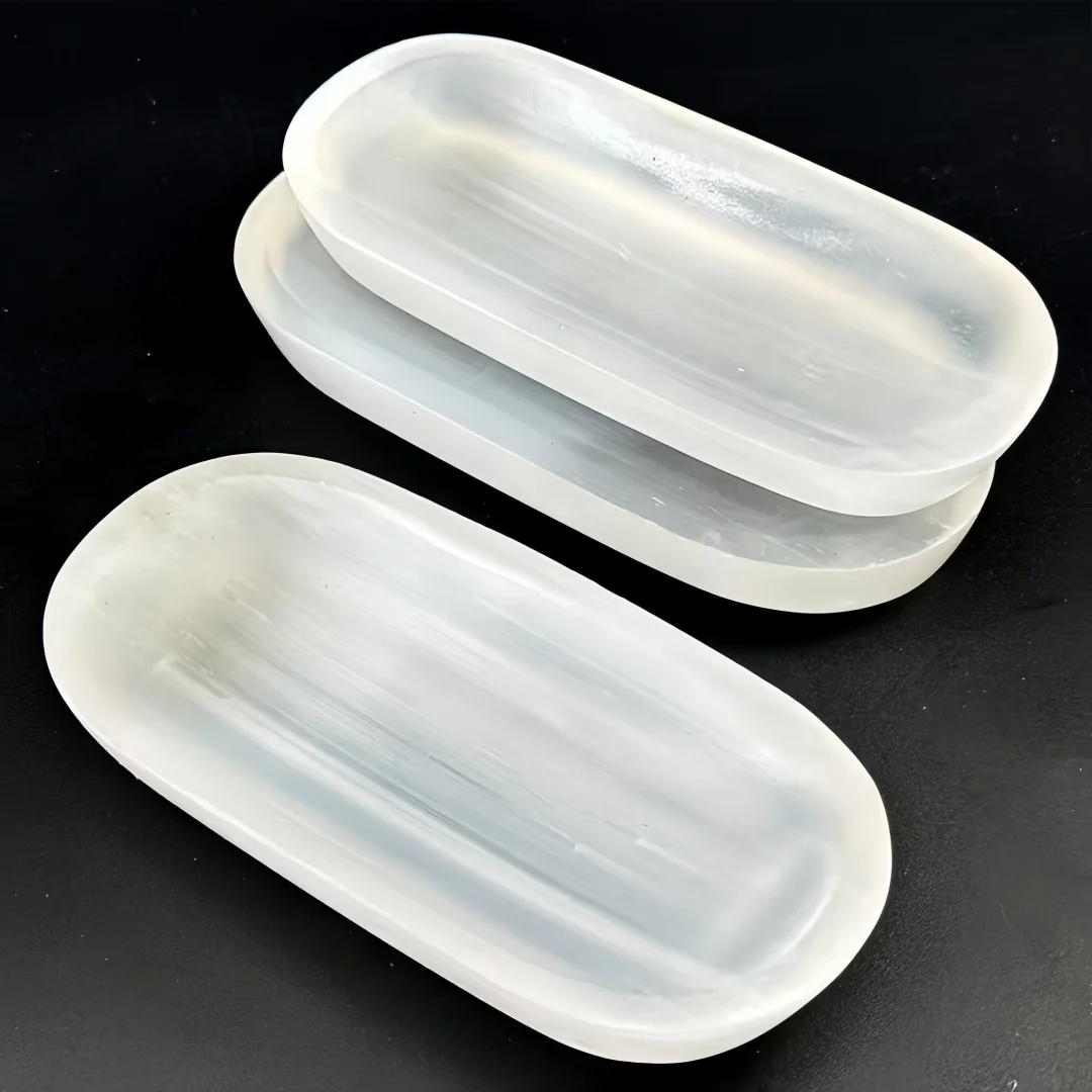 Selenite Bowl Plate Ornament, Irregular Oval Carved Quartz Crystal, Gift for Friend, Office Bedroom Living Room Home Decoration