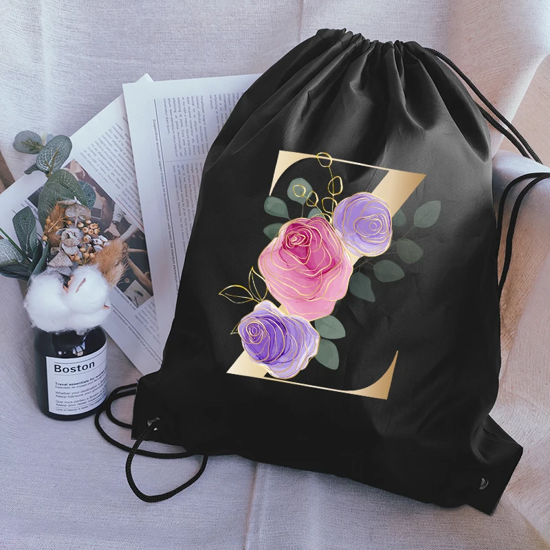 Drawstring Bag Gym Bag Rose Flower Letter Printing Outdoor Travel Shoes Storage Bag Thickened Portable Sports Bag Shoe Bag Girls