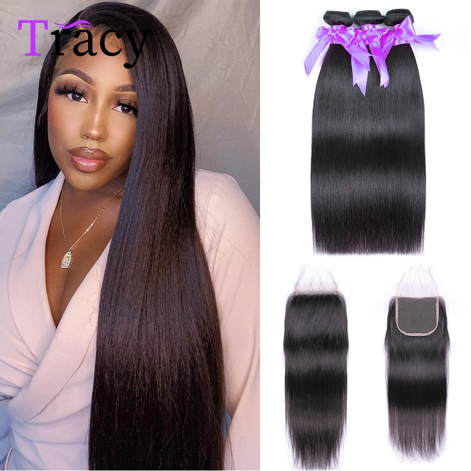 TRACY HAIR Straight 3 Bundles With 4*4 Lace Closure Remy Brazilian Human Hair Extension Natural Black Color Straight Wefts