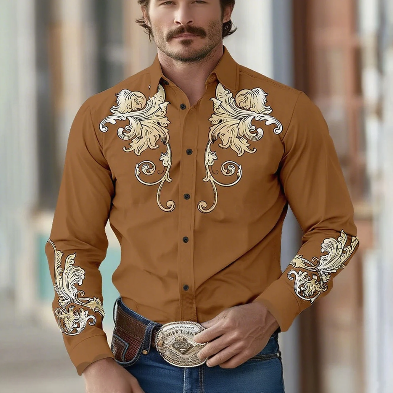 

Men's ethnic style European court pattern 3D printed dark shirt long sleeve lapel retro shirt business casual fashion outdoor to