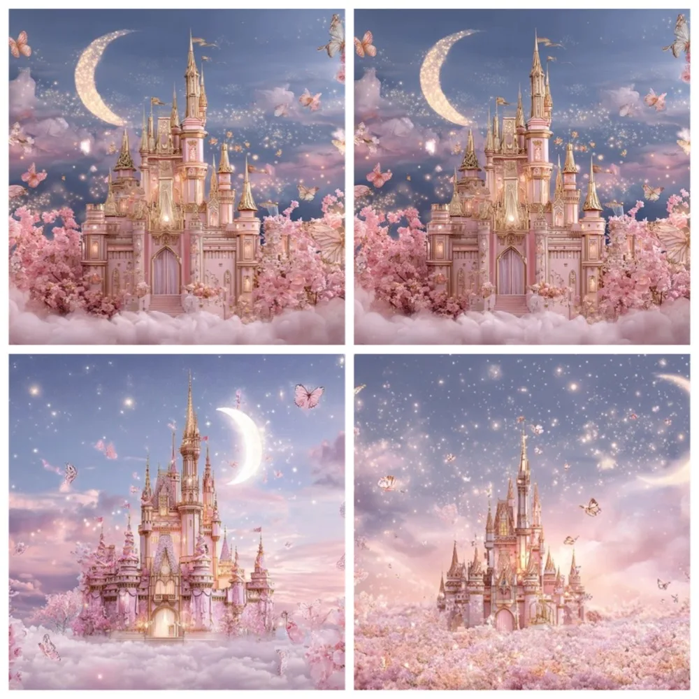 

Pink Castle Cherry Blossom Butterfly Theme Background Cloth, Children's Birthday Party Home Decoration Photography Background