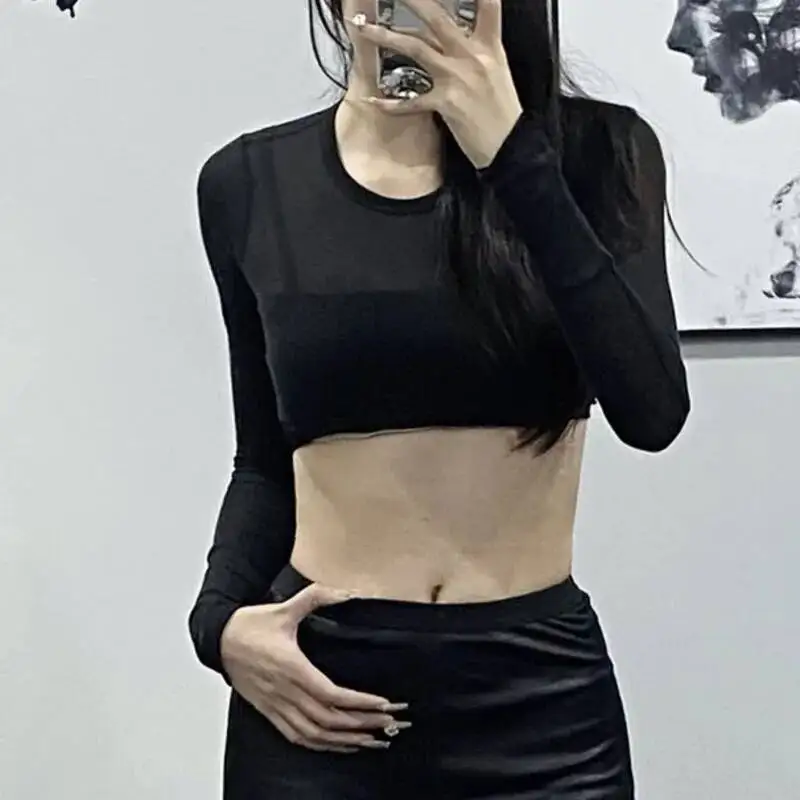 HKSH Estate delle nuove donne Chic High Street Punk stile scuro cotone tinta unita a maniche lunghe O-Collo Pullover Top ultra corti HK5437