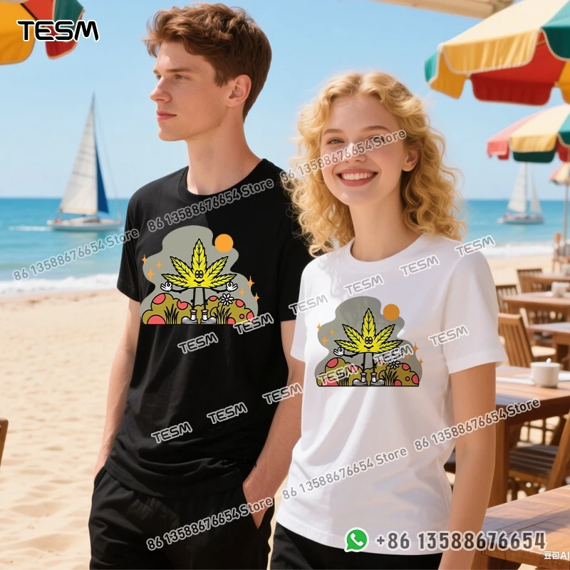 TESM Cartoon Maple Leaf Print Men Cotton T-shirt Casual Loose Short-sleeve Party Parent-child Outfit Mom Dad Family Vacation Top