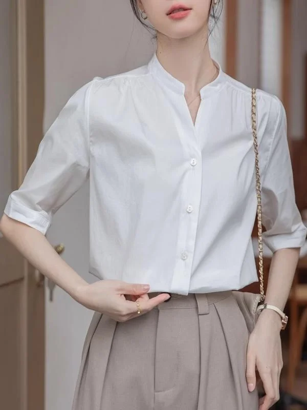 

White Loose Fit irt Women's Summer New Sle Premium Feel Profional Interview Collar Slimming Five-Quarter Sve Top