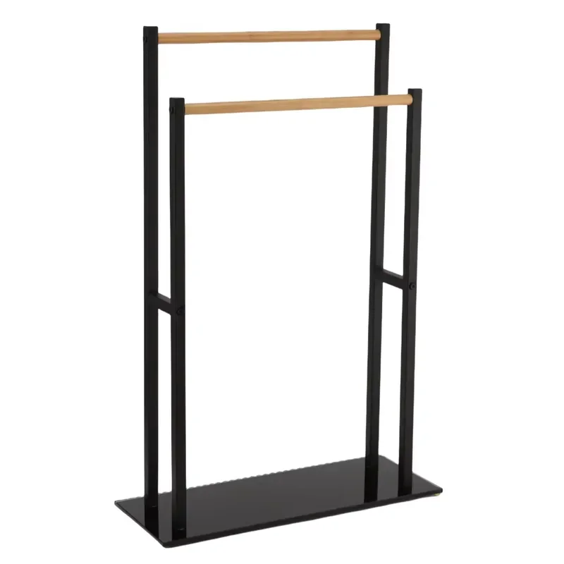 Modern Bathroom Towel Rack with Heater Bamboo Metal Steel 2 Bar Floor Standing Clothes Drying Rack for Hotel Home Use