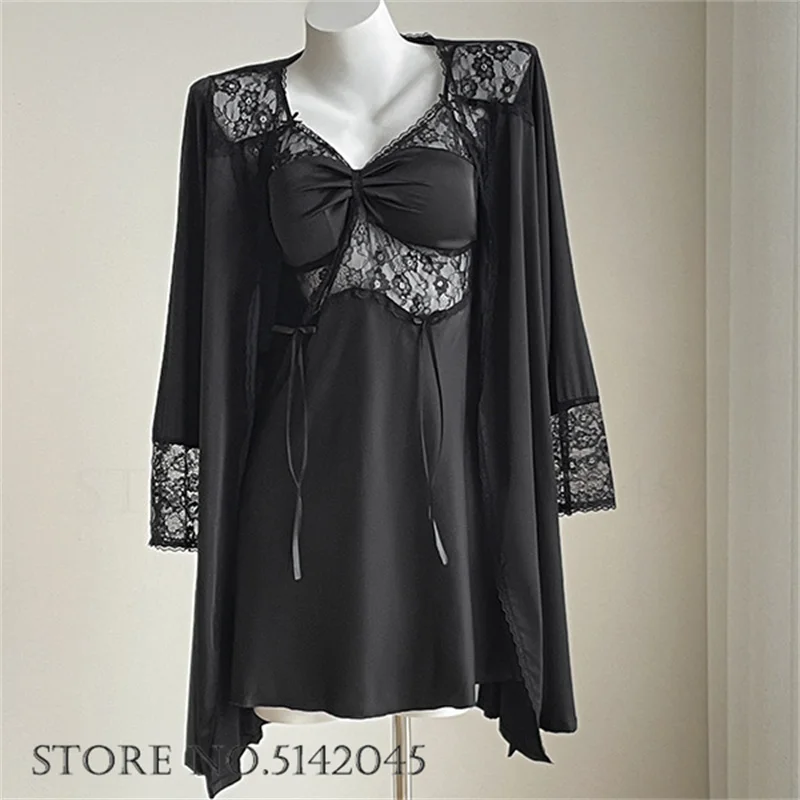 Sexy feminino nighty e robe set, tentação laço camisola, lingerie íntima, seda cetim roupão, roupa de dormir, Homewear verão, loungewear