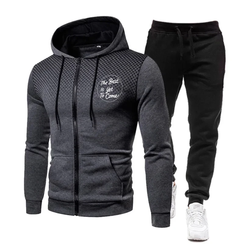 Men's Jacket Set Black Red Gradient Printed The Best Is Yet To Come Zip-Up Hoodie for Casual Outdoor Sports Wear
