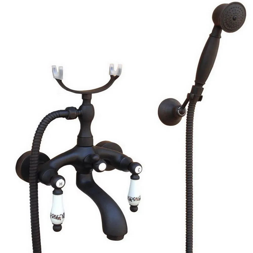 

Oil Rubbed Bronze Bath Shower Faucet Set Dual Knobs Wall Mounted Bathtub Mixers with Handshower Swive Tub Spout Ntf571