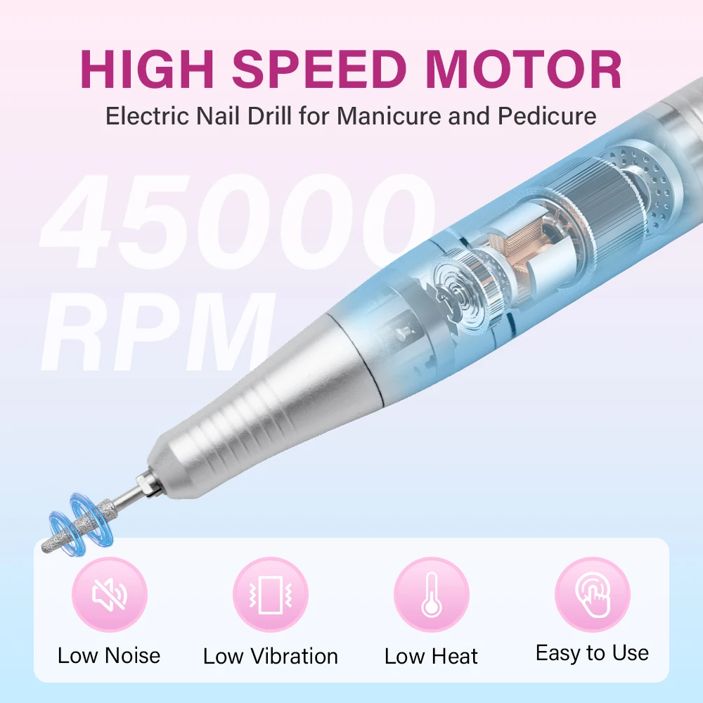 Professional 45000RPM Electric Portable Nail Drill Machine Rechargeable Low Noise Nail Sander File for Nails Manicure Salon Tool