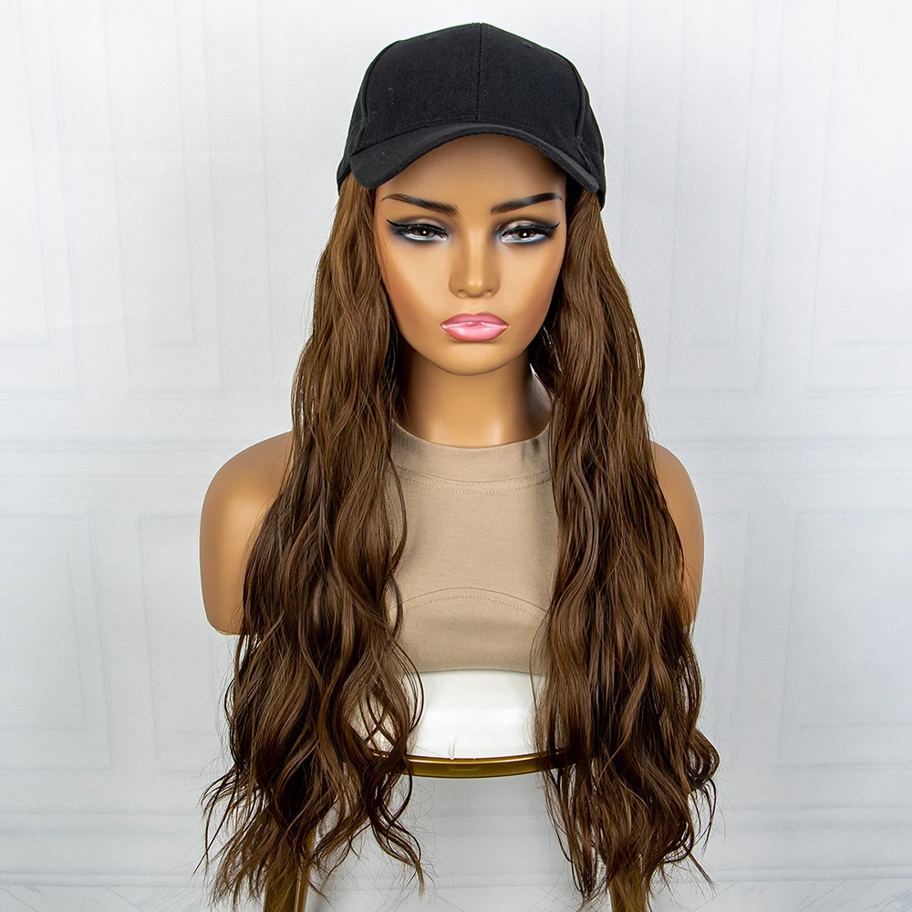 Synthetic Baseball Cap Wig With Hair Extensions for Women Adjustable Hat with Synthetic Brown Wig Attached Water Wavy Hair Wig