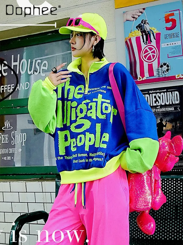 

Королевский синий свитшот с буквенным принтом на флисовой подкладке, толстая повседневная толстовка для женщин, осенне-зимняя модная куртка свободного кроя с цветовыми блоками