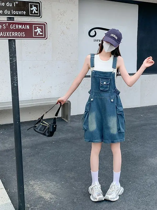 

American Retro Denim Overalls Women's Fashion Anti-Aging Design Loose Slimming Wide Leg Jumpsuit Trendy Short Pants