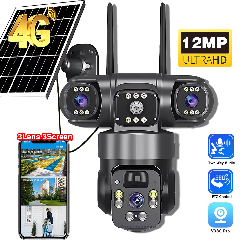 

12MP V380 Three Lens PTZ IP Camera Outdoor 6K HD Three Screen 4G Security Camera Auto Tracking Wireless CCTV Camera Waterproof