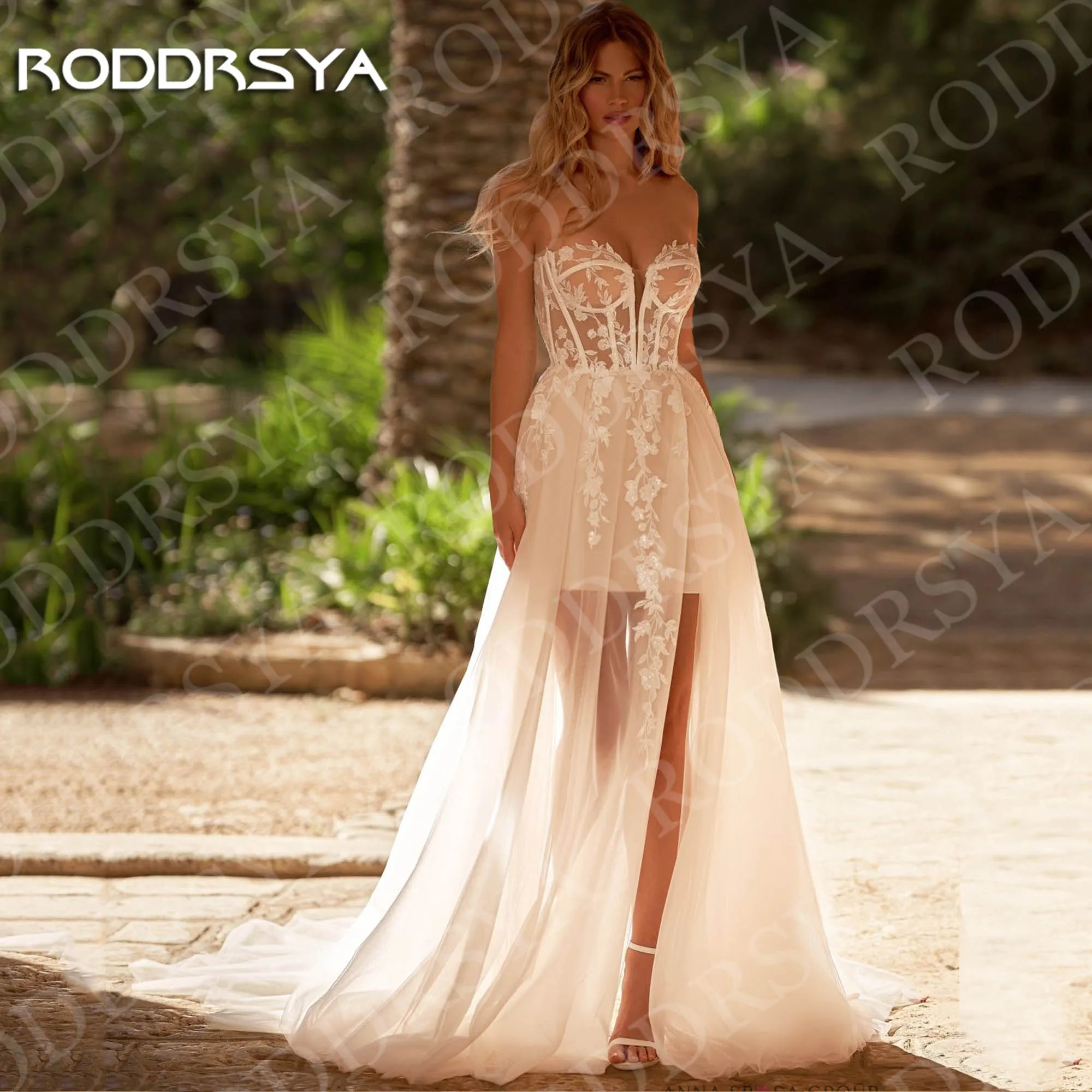 

RODDRSYA Strapless Wedding Dress Beach High Slit Lace Appliques Bridal Gown Sleeveless Customized vestido de novia civil boda