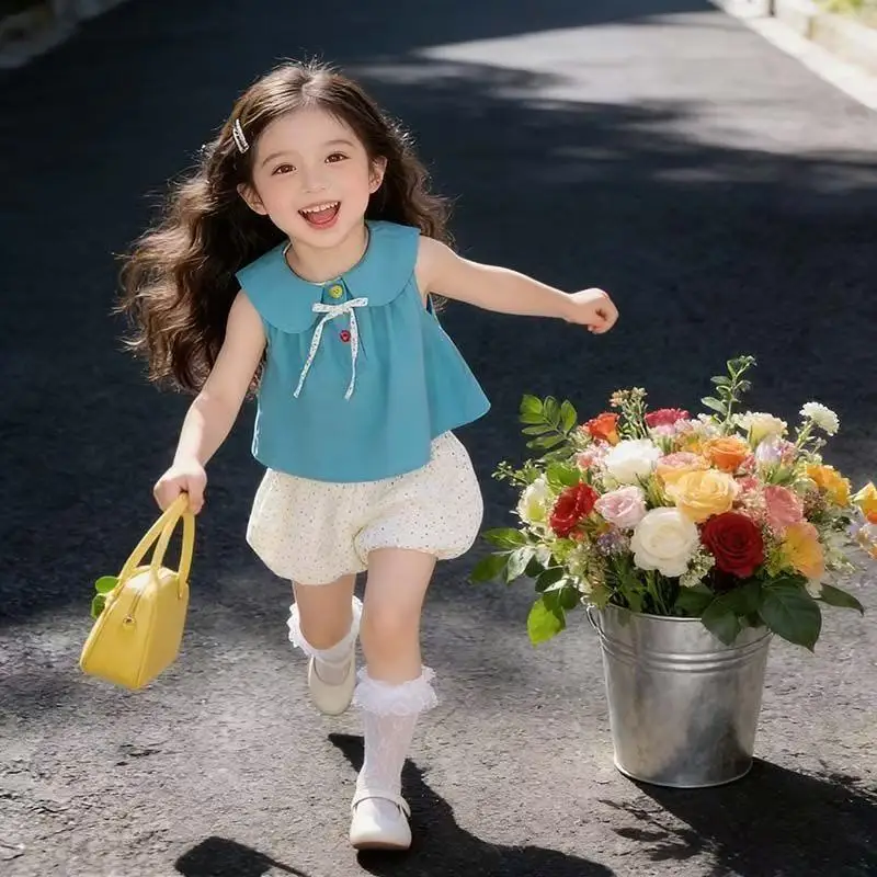 

Girls' Summer New Style Set Fashionable Doll Collar Vest Top Colorful Polka Dot Dopamine Sweet Set