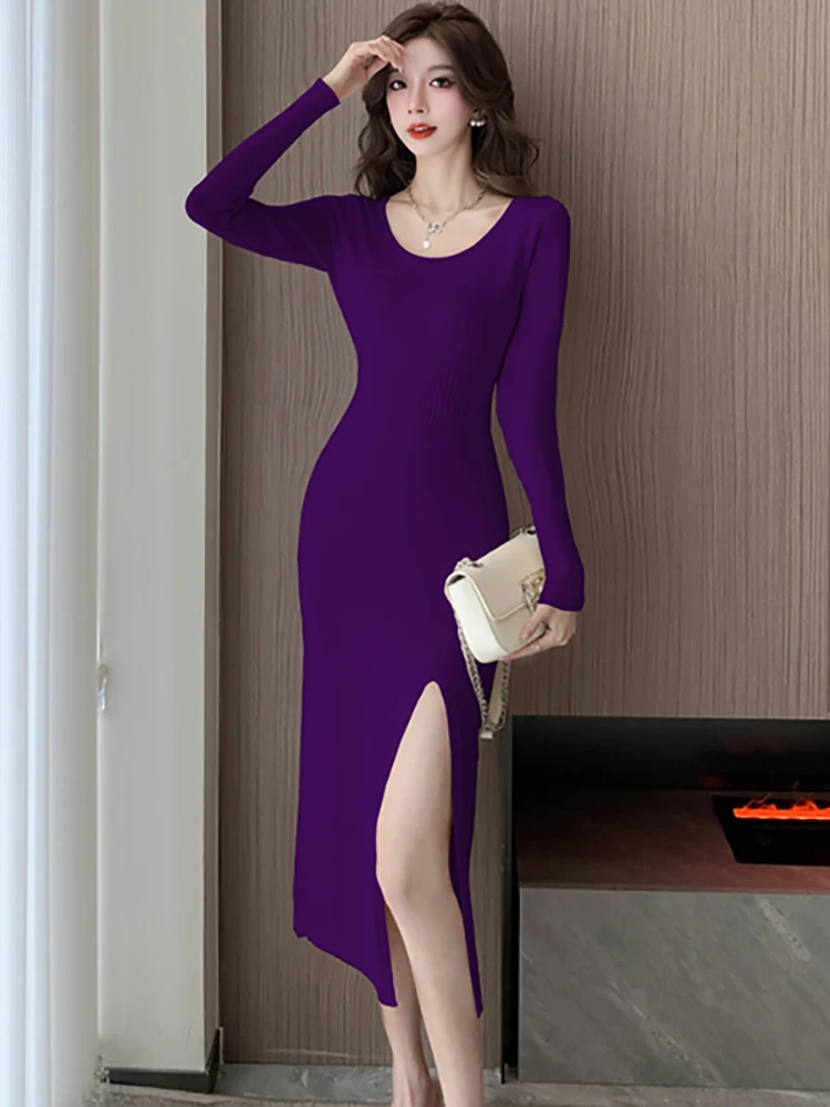 Women Purple Long Sleeve O-Neck Casual Slit Long Dress Autumn Winter Bodycon Knitted Dress 2025 Korean Vintage Elegant Vestidos