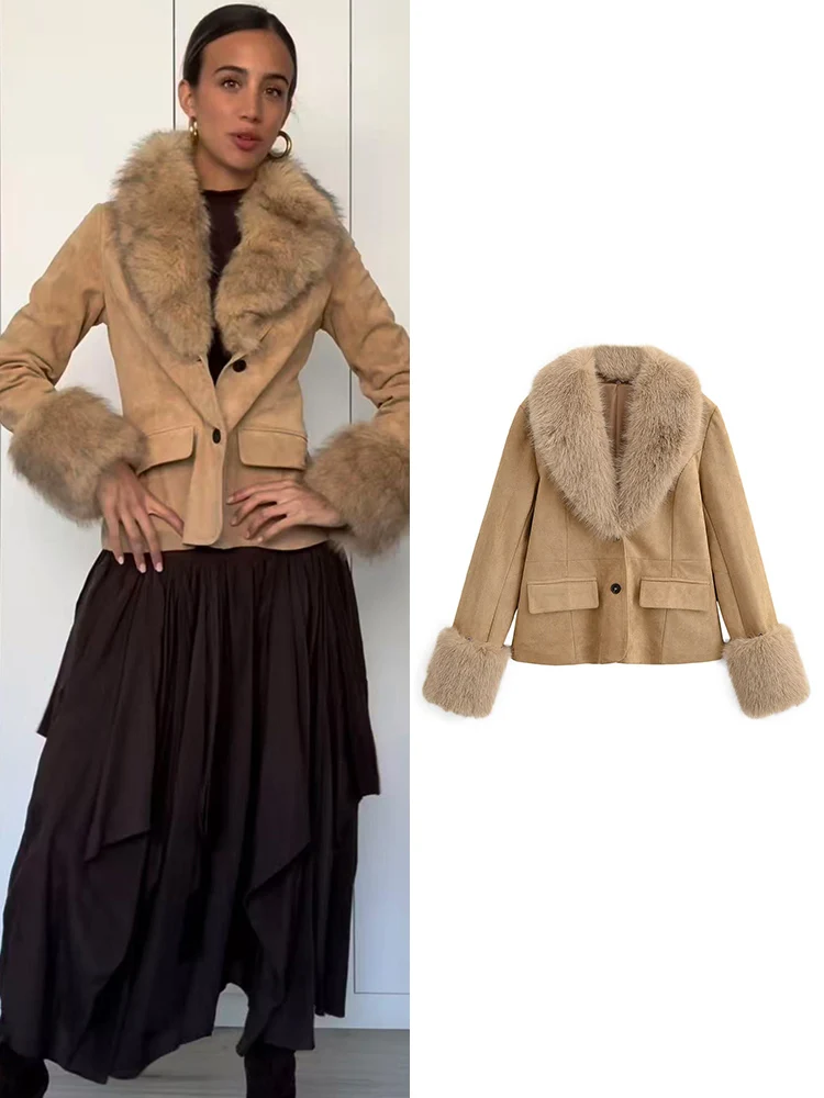 

Autumn Winter New Women Short Coat Elegant Warm Spliced Faux Fur Collar Suebe Coat Female Luxury Fashion Slimming Jacket