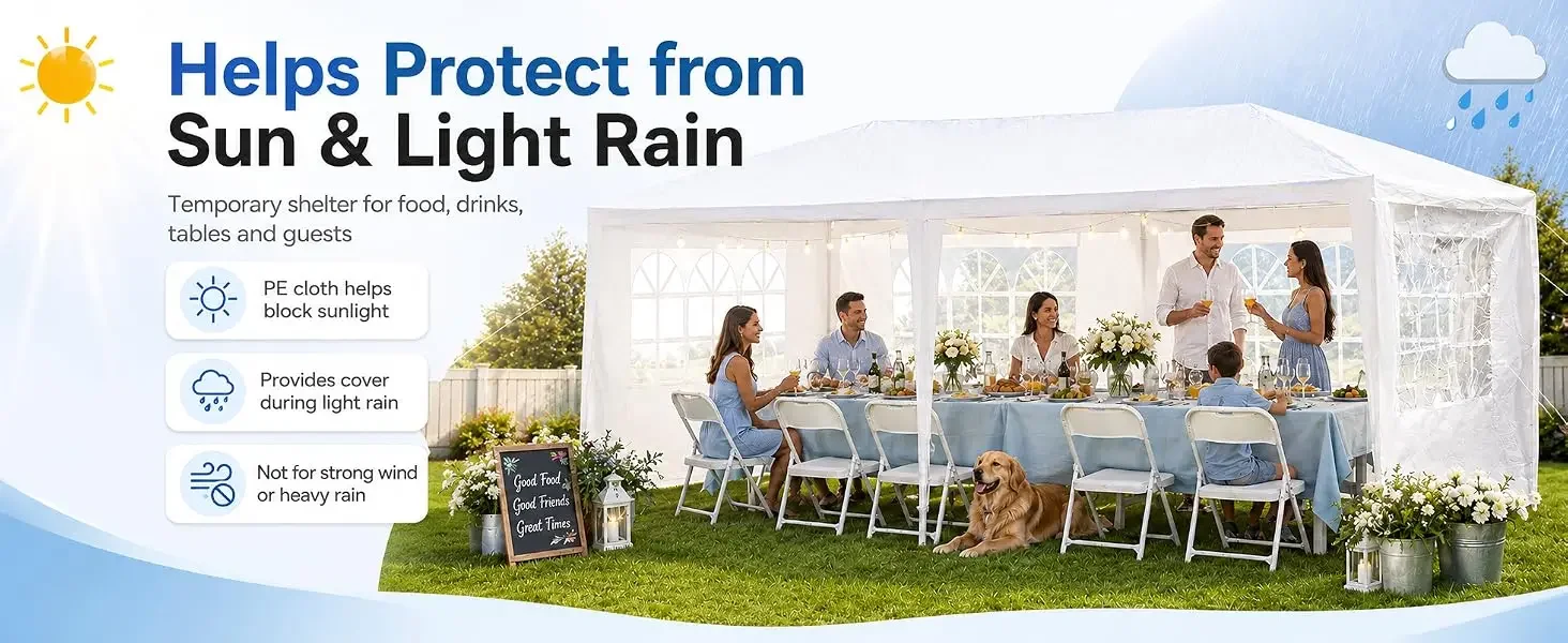 10 X 20 FT Outdoor Party Canopy Tent in White, with Removable Window Sidewalls, Ropes, and Stakes — Ldeal for Backyard Events, Weddings, Graduations, Picnics, and Outdoor Dining.