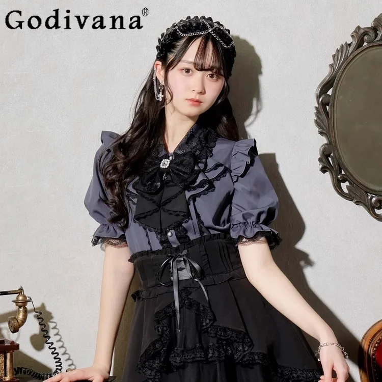 

Japanese Mine Series Mass-produced Sweet Lace Short-sleeved Shirt Summer New Female Cute Bow Lolita Top Blouses Camisa Feminina