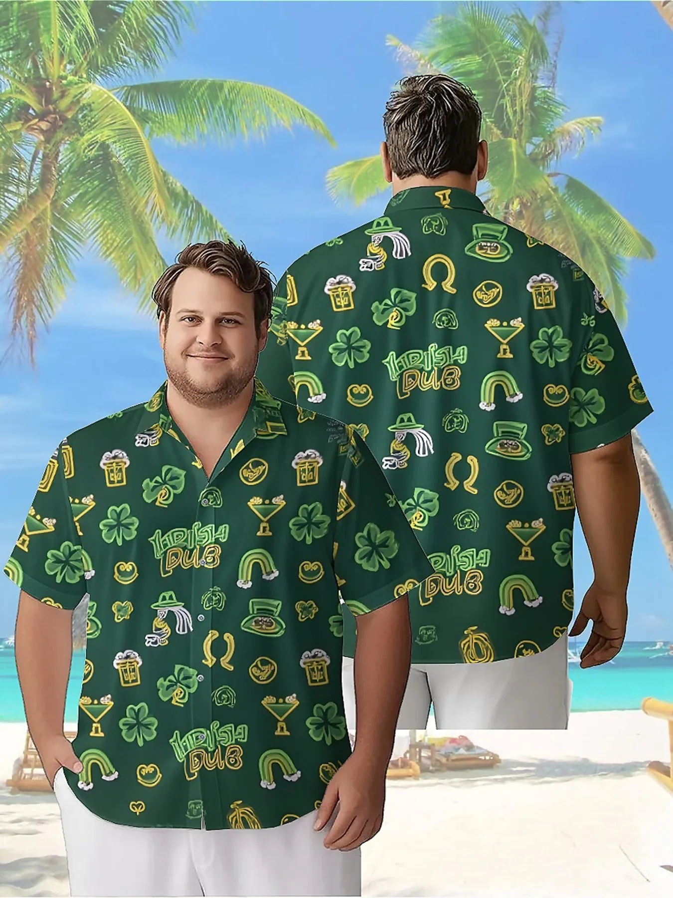 

Men's Plus Size Hawaiian Shirts Green Carnival Theme Pattern, Button Up Shirts, Unisex Casual Clothing, Summer Tops