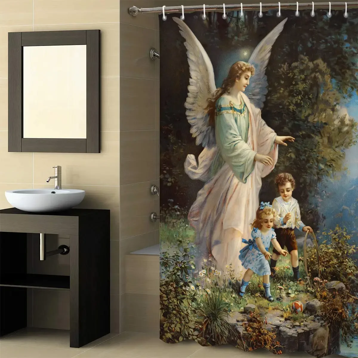 Fantasy Star Durable Waterproof Shower Curtains Angel and Pure Child in Mythology Machinee Bathroom Decor