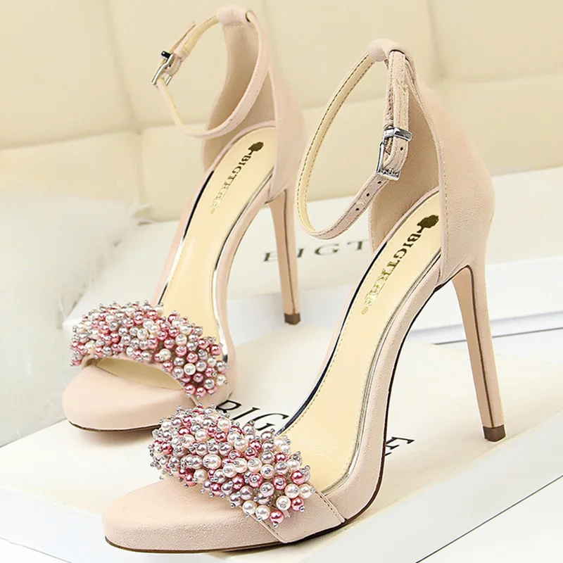 Women Pearl Narrow Strap 11cm High Heels Suede Sandals Wedding Dress Pumps Ankle Strap Stripper Heels Prom Shoes Sandalias Mujer