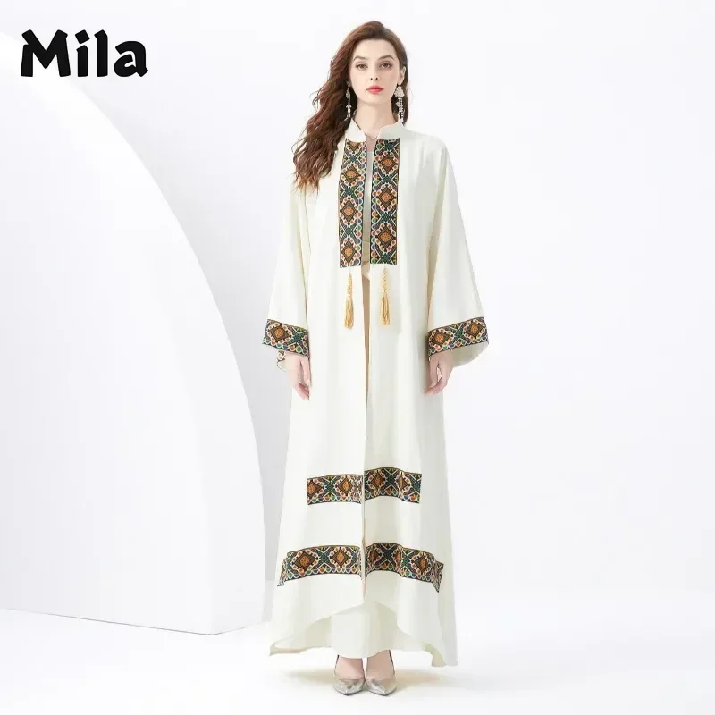 2024 Resort Palace Embroidery Tassel Bell Sleeve Retro Robe Smock Dress Two-piece Set Holiday Outfits Womens Top and Skirt New