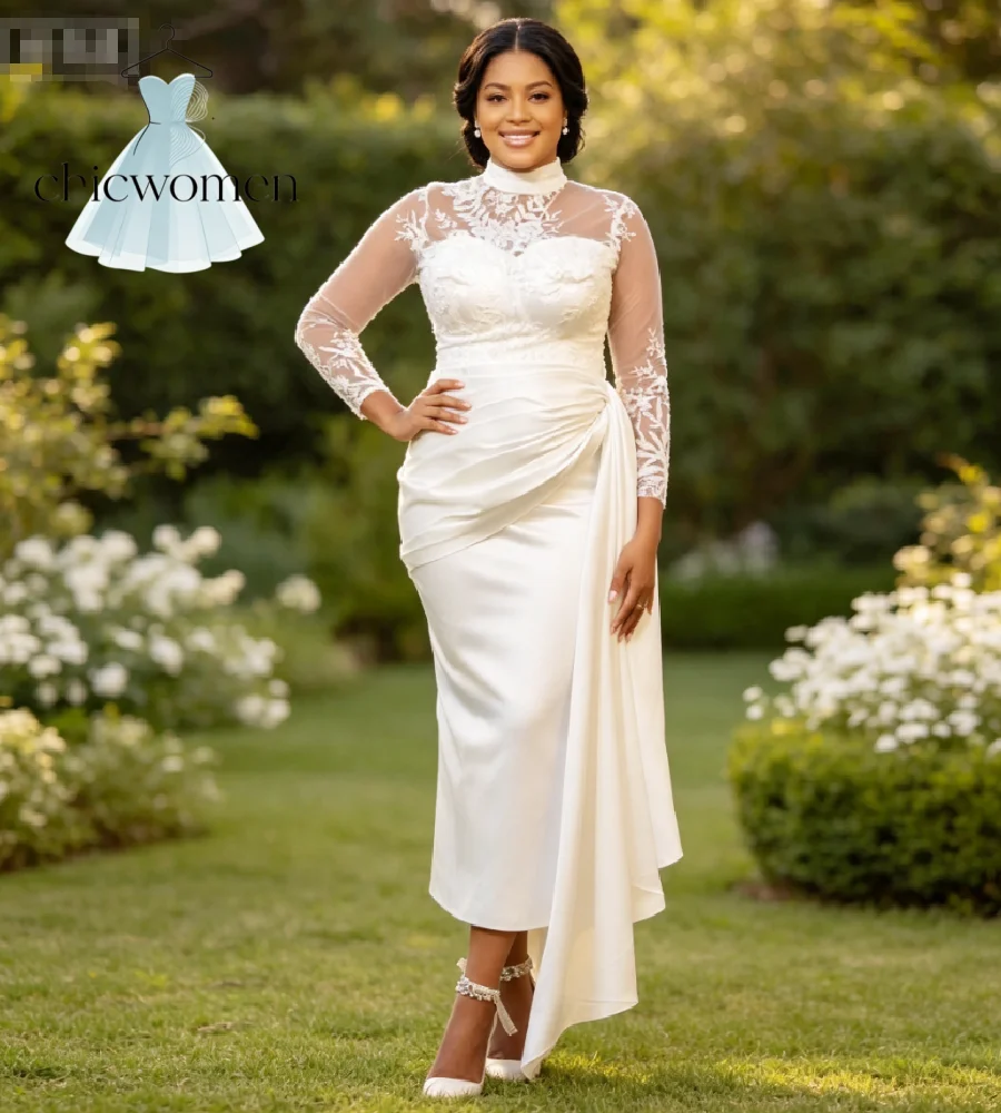 Elegant Plus Size Midi Wedding Dress Long Sleeve Nigerian African Short Boho Bridal Gowns Lace  Draped Asymmetrical Curvy Bride