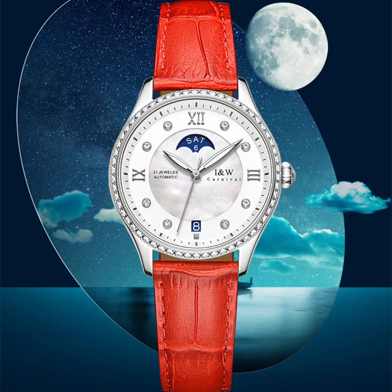 

КАРНАВАЛ брендовые модные механические часы для женщин, женские роскошные водонепроницаемые наручные часы с автоматическим механизмом и бриллиантами Montre Femme