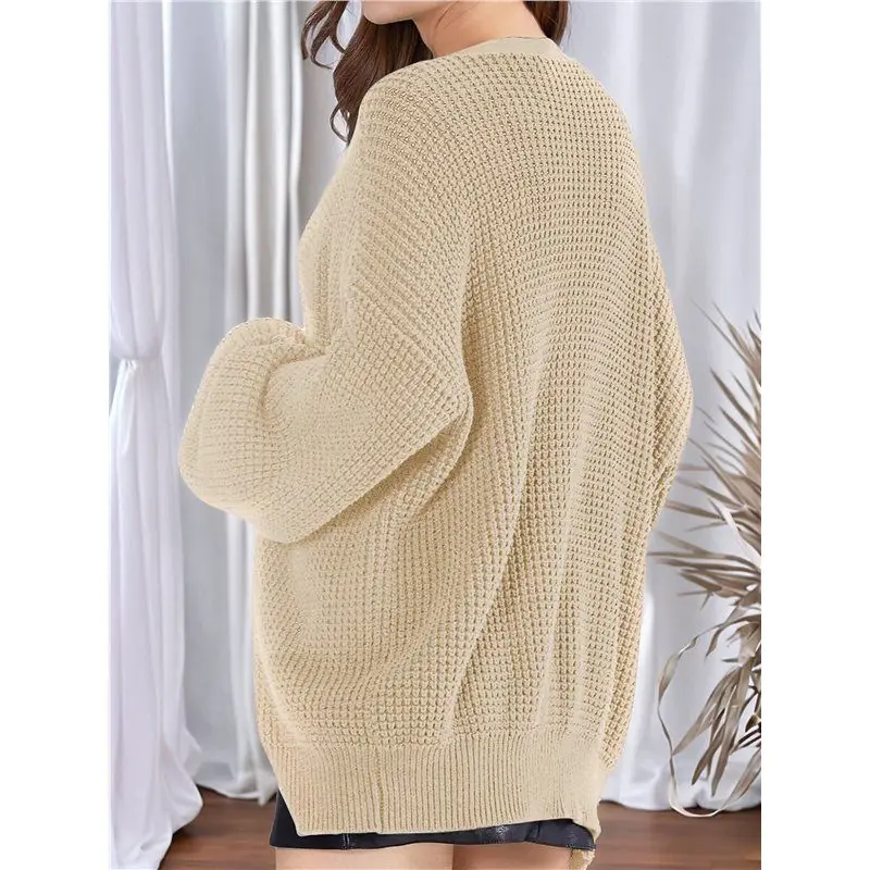 AF90-سترة نسائية محبوكة مكتنزة بأكمام طويلة ورقبة على شكل حرف V مع معطف سترة جيب لخريف وشتاء