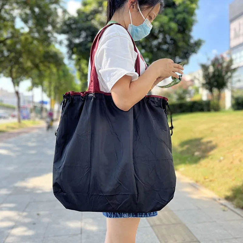 Small foldable portable thickened drawstring bucket shopping bag, handbag, single-shoulder supermarket grocery bag