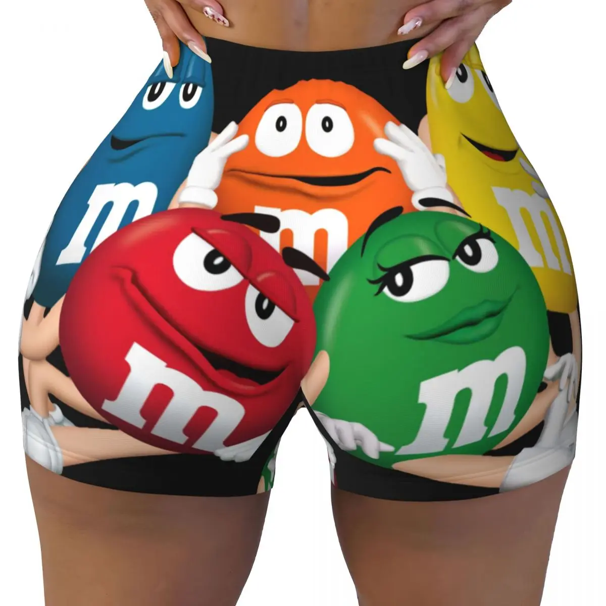 Custom Funny M&M's Chocolate Candy Meme Volleyball Biker Gym Shorts Women's Athletic Workout Yoga Shorts