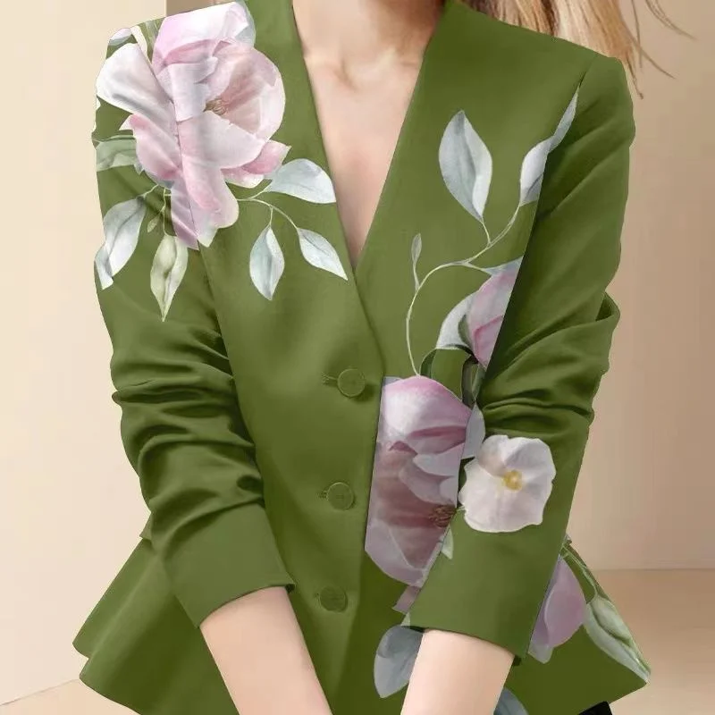 High End Green Printed Suit Jacket for Women 2024 Spring and Autumn New Korean Version Loose Design V-neck Short Suit top Trendy