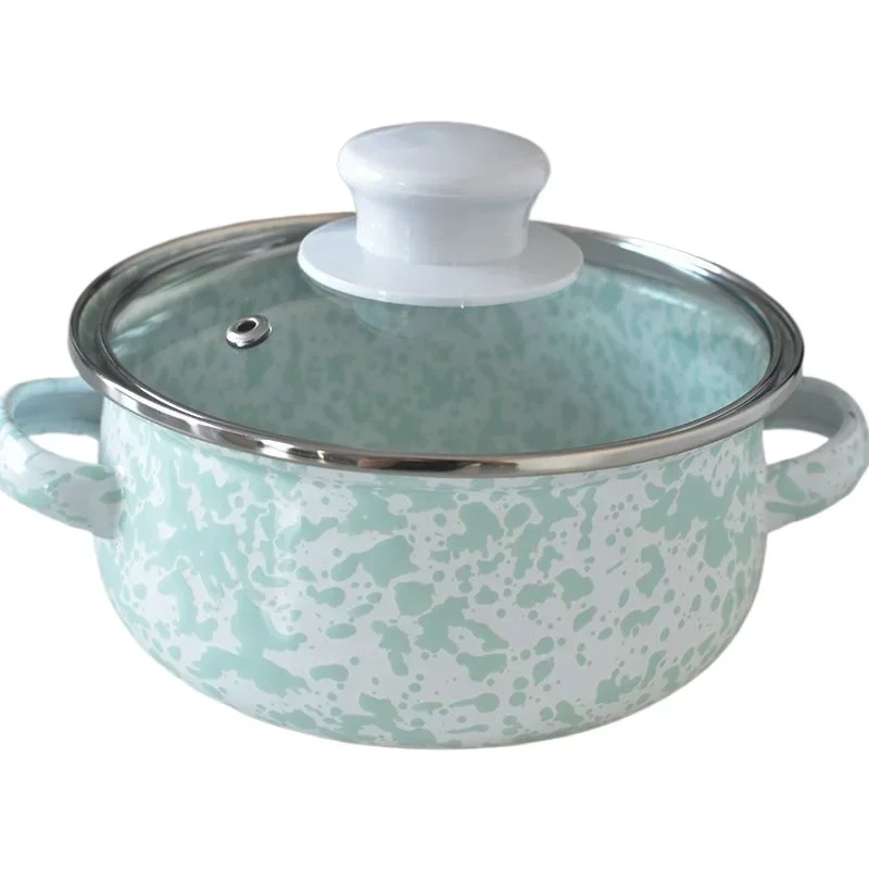 Vintage Enamel Cast Iron Soup Pot in Pink with Ink Splatter – Perfect for Dorm Room Noodles or Home Stews on An Induction or Gas