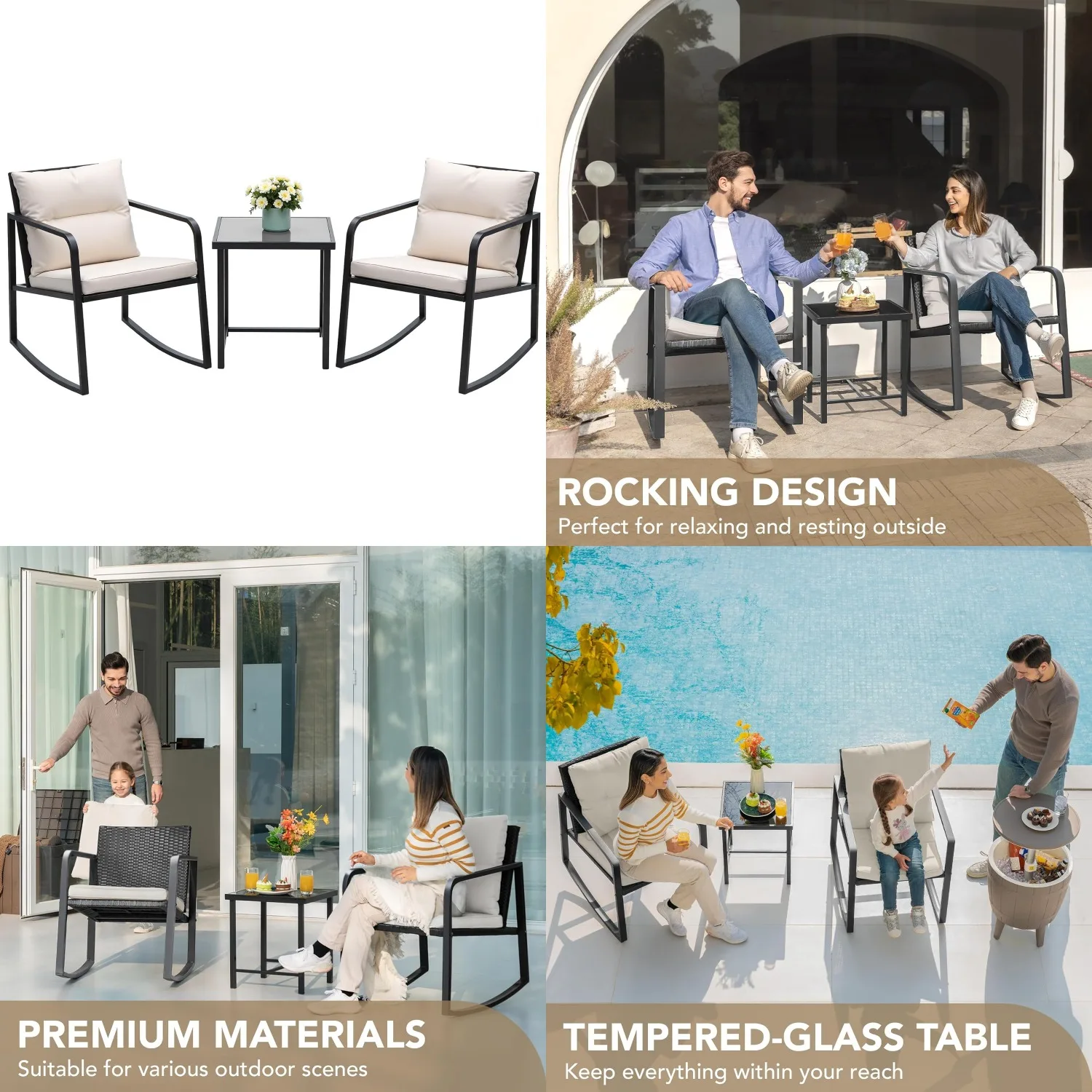

3Pc Rocking Bistro Set Wicker Patio Outdoor Furniture Chairs Conversation Set with Glass Coffee Table, Customized