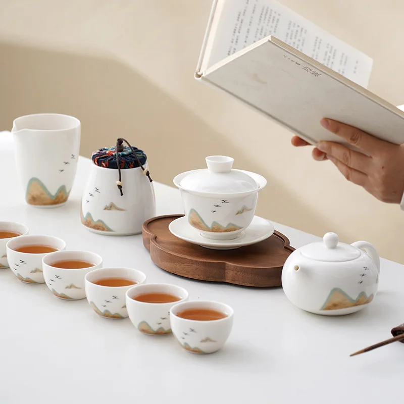White Jade Porcelain Tea Set Thousand Miles of Rivers and Mountains Kung Fu Tea Set High-end Gift Box Corporate Event Souvenir
