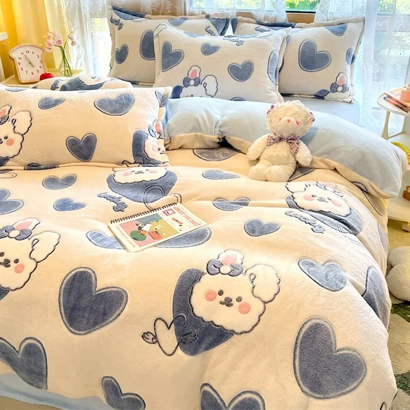 

Winter Cartoon Plush Warm Duvet Cover Set with Sheet Pillowcase 4pcs Bedding Set Home Textiles Luxury Queen Size Bed Linens Set